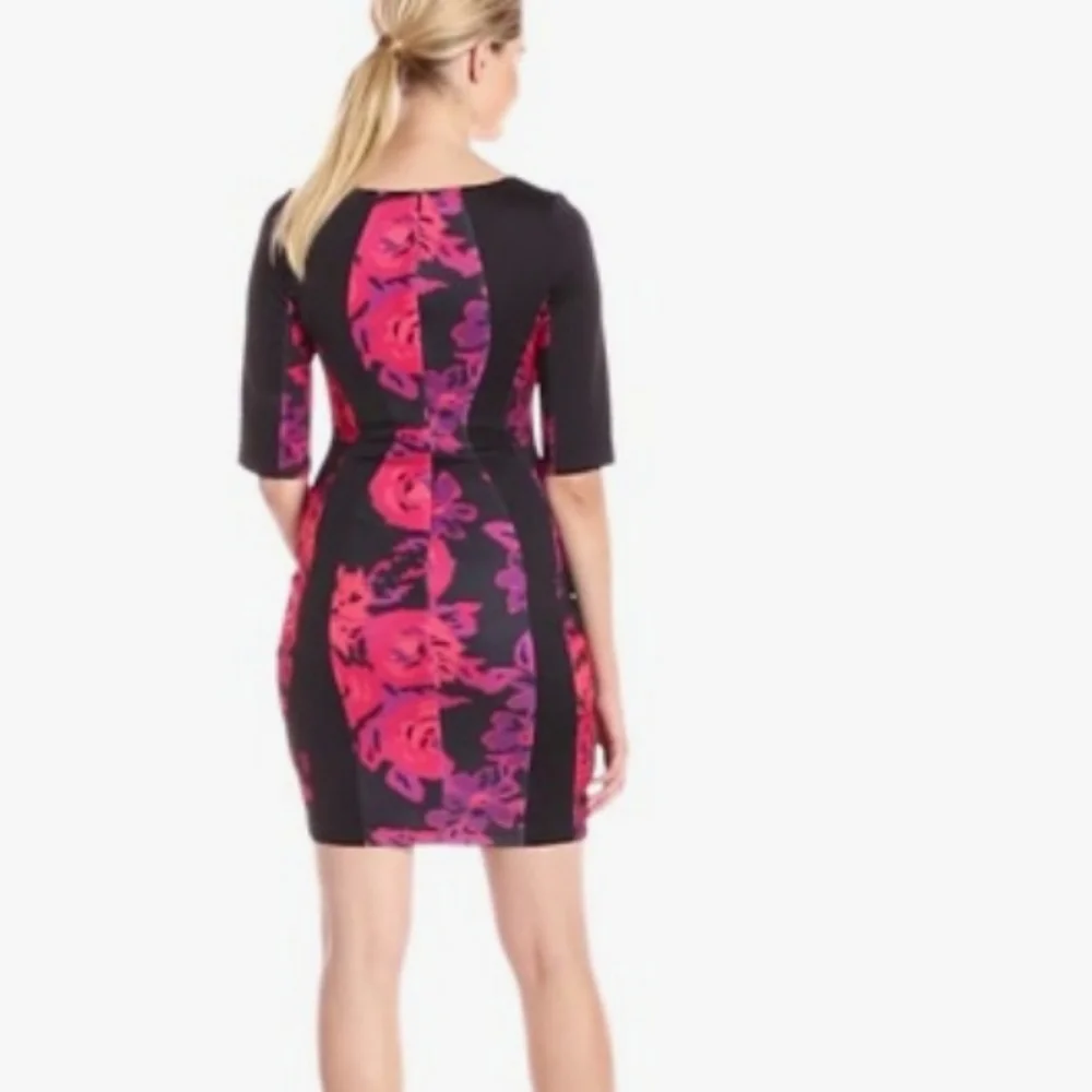 Signature By Sangria Floral Black and Pink Scuba Dress Size 8 - Picture 3 of 13